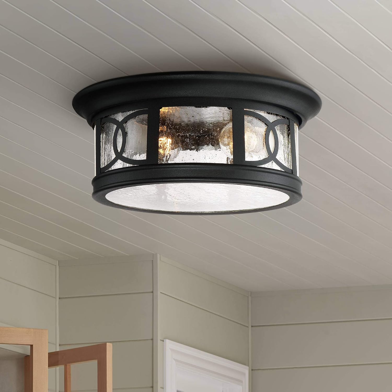 John Timberland Capistrano Mission Flush-Mount Outdoor Ceiling Light Fixture Black 12' Seedy Glass Damp Rated for Exterior House Porch Patio Outside Deck Garage Front Door Garden Home Gazebo
