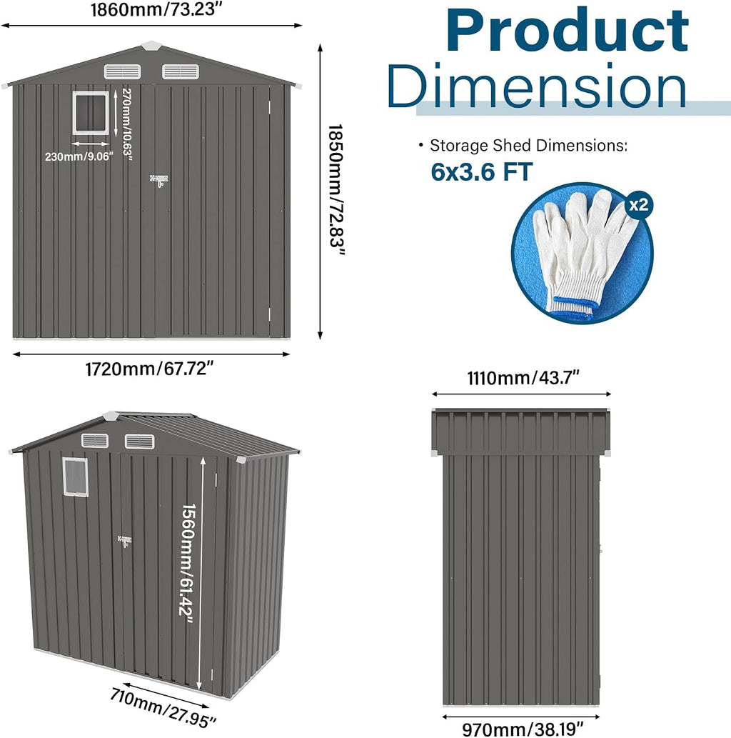 Metal Storage Shed, 6X3.6 FT Lockable Outdoor Tool Shed with Air Vent and Clear Windows, Galvanized Steel Garden Shed for Backyard, Patio, Garden, Bike Storage or Outdoor Use, Grey