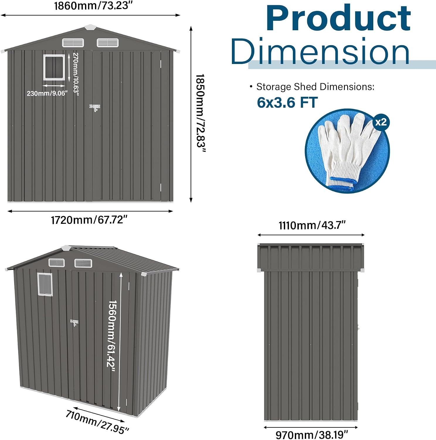 Metal Storage Shed, 6X3.6 FT Lockable Outdoor Tool Shed with Air Vent and Clear Windows, Galvanized Steel Garden Shed for Backyard, Patio, Garden, Bike Storage or Outdoor Use, Grey