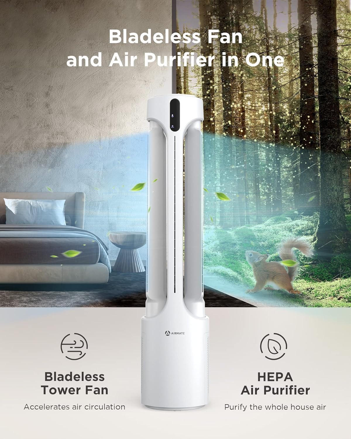 AIRMATE Air Purifier Bladeless Tower Fans, 1500CFM Large Air Volume, 45' 2-in-1 Standing Fan for Bedroom & Home, 28ft/s Velocity, 90° Oscillation, 24H Timer, Low Noise, White