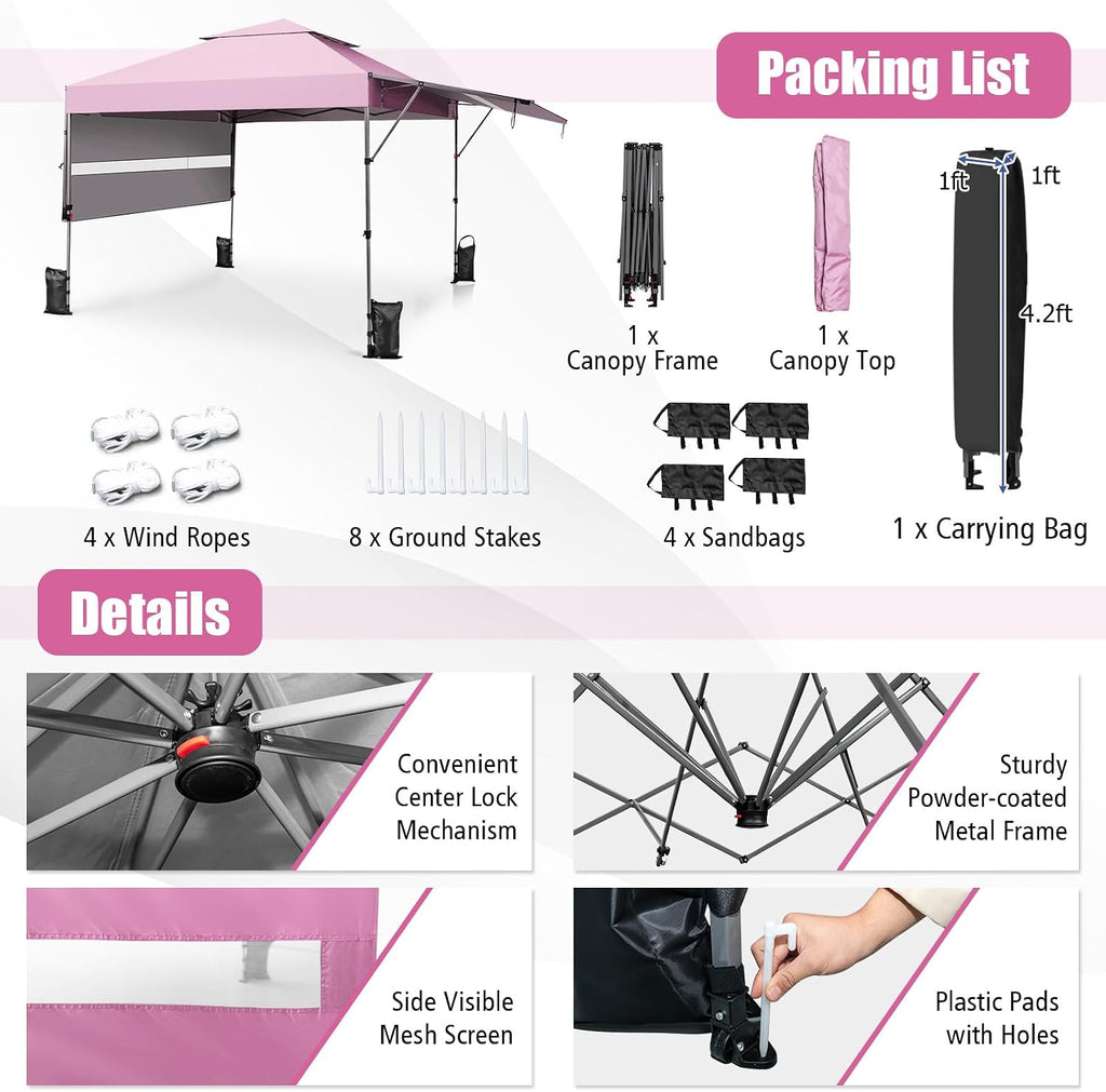 HAPPYGRILL Pop Up Canopy with Dual Awnings 10x17.6 FT, Outdoor Gazebo Shelter with Portable Wheeled Carrying Bag, Easy Setup Instant Tent for Patio Camping Picnic (Pink)