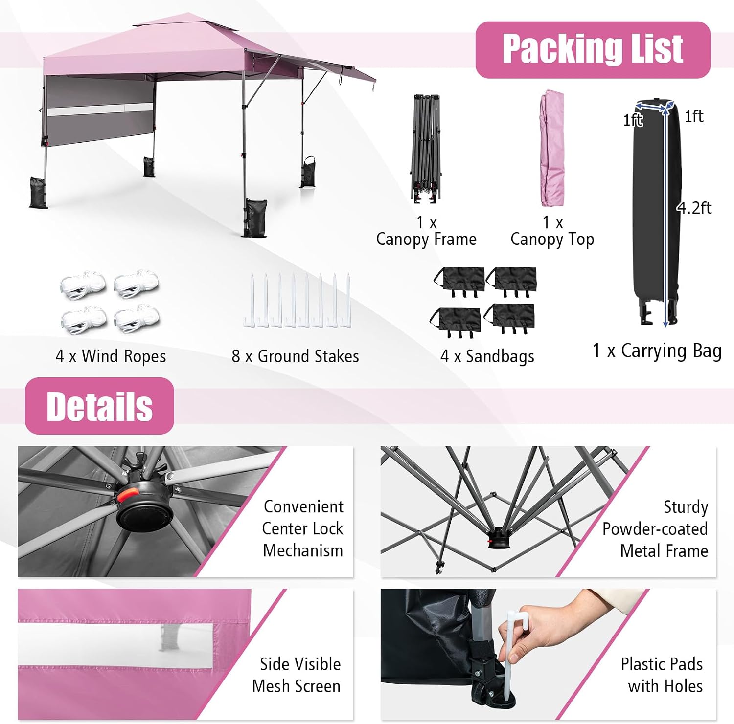 HAPPYGRILL Pop Up Canopy with Dual Awnings 10x17.6 FT, Outdoor Gazebo Shelter with Portable Wheeled Carrying Bag, Easy Setup Instant Tent for Patio Camping Picnic (Pink)