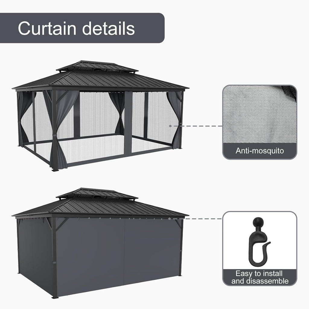 GarveeLife 12x16 ft Hardtop Gazebo, Galvanized Steel Metal Double Roof Aluminum Gazebo with Curtain and Netting, Brown Permanent Pavilion Double Roof Canopy for Patio, Lawn & Garden (12 * 16 ft)