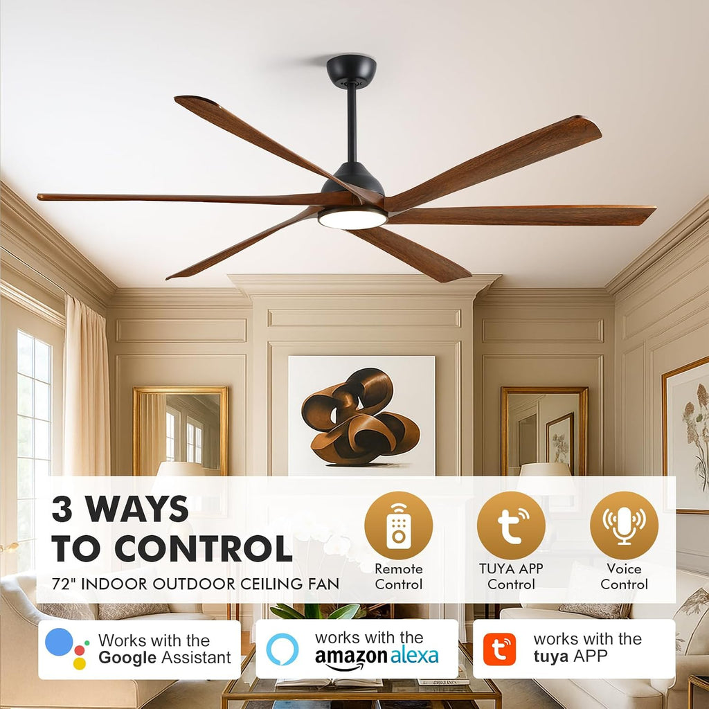 72 Inch Outdoor Ceiling Fan with Light, WiFi Smart Alexa/App/Remote Control, 6 Modern Farmhouse Solid Wood Blades, High CFM Reversible Quiet DC Motor, Damp Rated for Large Patios, Indoor High Ceiling