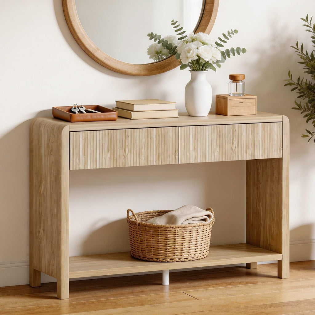 FATORRI Console Table for Entryway Storage, Wood Sofa Tables for Living Room, Couch Table with 2 Drawers for Hallway (47.2 inch, Light Walnut)
