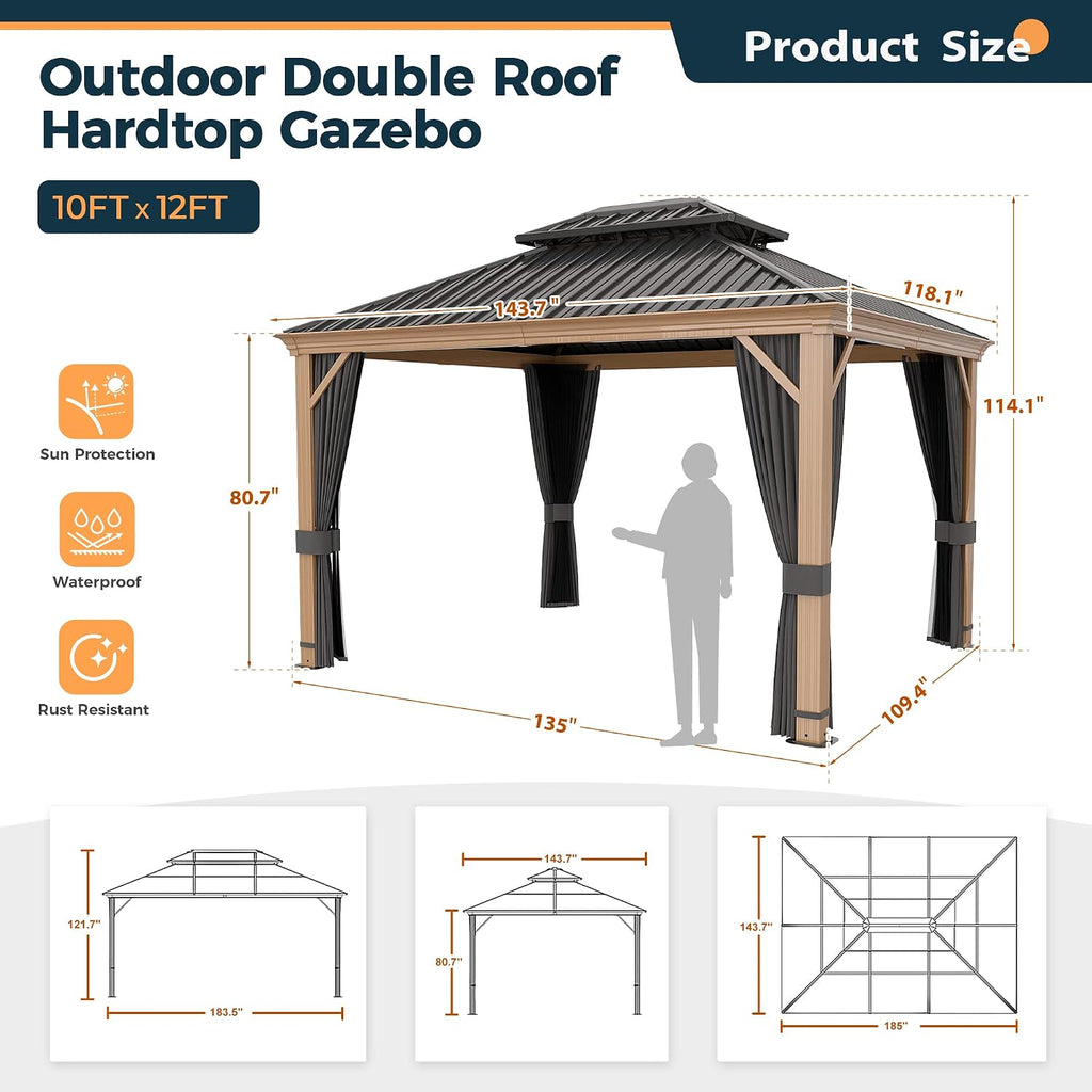 HAPPATIO 10' x 12' Hardtop Gazebo, Outdoor Wood Grain Frame Aluminum Gazebo, Double Roof Permanent Patio Canopy with Netting and Curtains for Garden, Patio, Lawns, Parties (Grey)