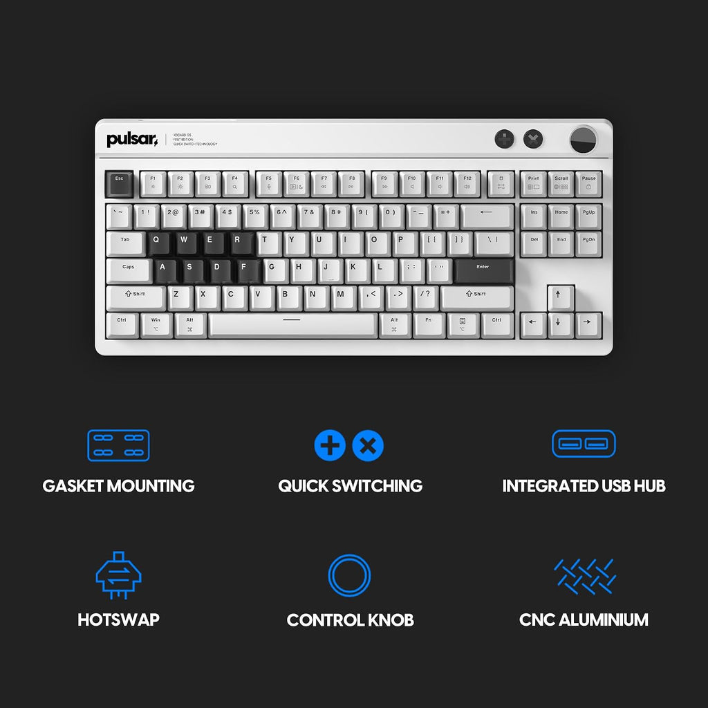 Pulsar XBOARD QS Mechanical Gaming Keyboard – QMK/VIA, Hot Swappable Linear Switch, TKL Layout Gasket Mount, Aluminum Frame, RGB LED Backlit, Knob, Dual PC Quick Switch for Mac/Windows (White)