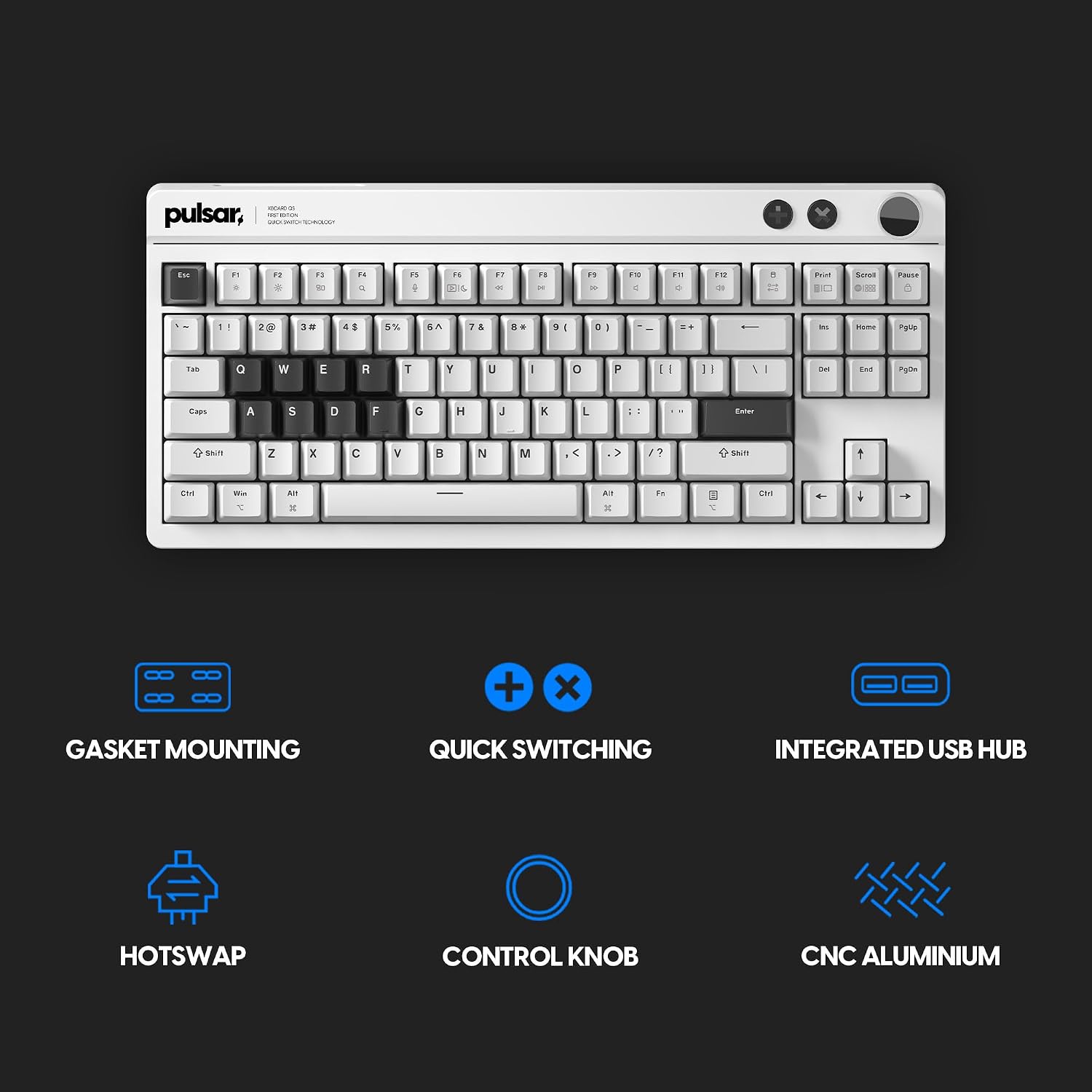 Pulsar XBOARD QS Mechanical Gaming Keyboard – QMK/VIA, Hot Swappable Linear Switch, TKL Layout Gasket Mount, Aluminum Frame, RGB LED Backlit, Knob, Dual PC Quick Switch for Mac/Windows (White)