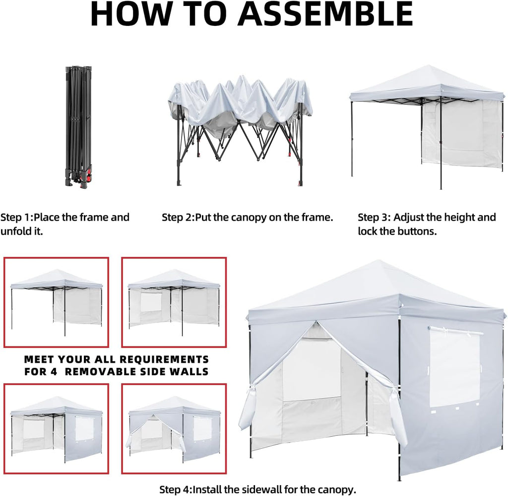 White 10x10 FT Pop Up Canopy Tent with Sidewalls, Heavy Duty Canopy for Outdoor, Commercial Instant Gazebos, for Party, Patio, by Kendane.