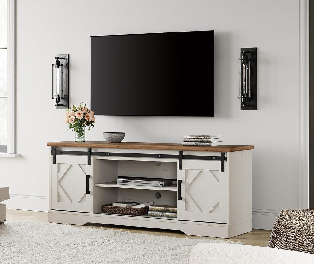 WAMPAT Modern Farmhouse TV Stand for TVs up to 65' with Sliding Barn Doors, 23.6' H Wood Entertainment Center with Adjustable Media Storage Shelf for Living Room, Antique White