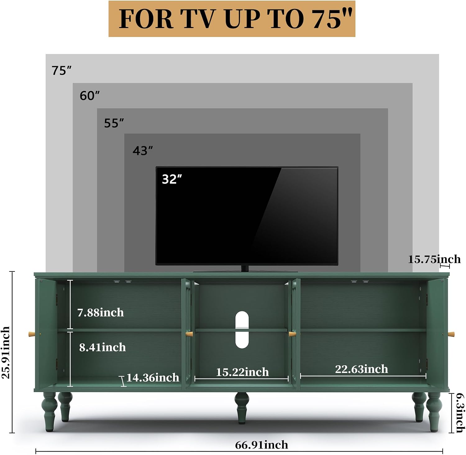 3More 67' Mid Century Modern TV Stand with Window Design,Wood Entertainment Center with Open Shelf,Up to 70' Media TV for Living Room or Bedroom,Green