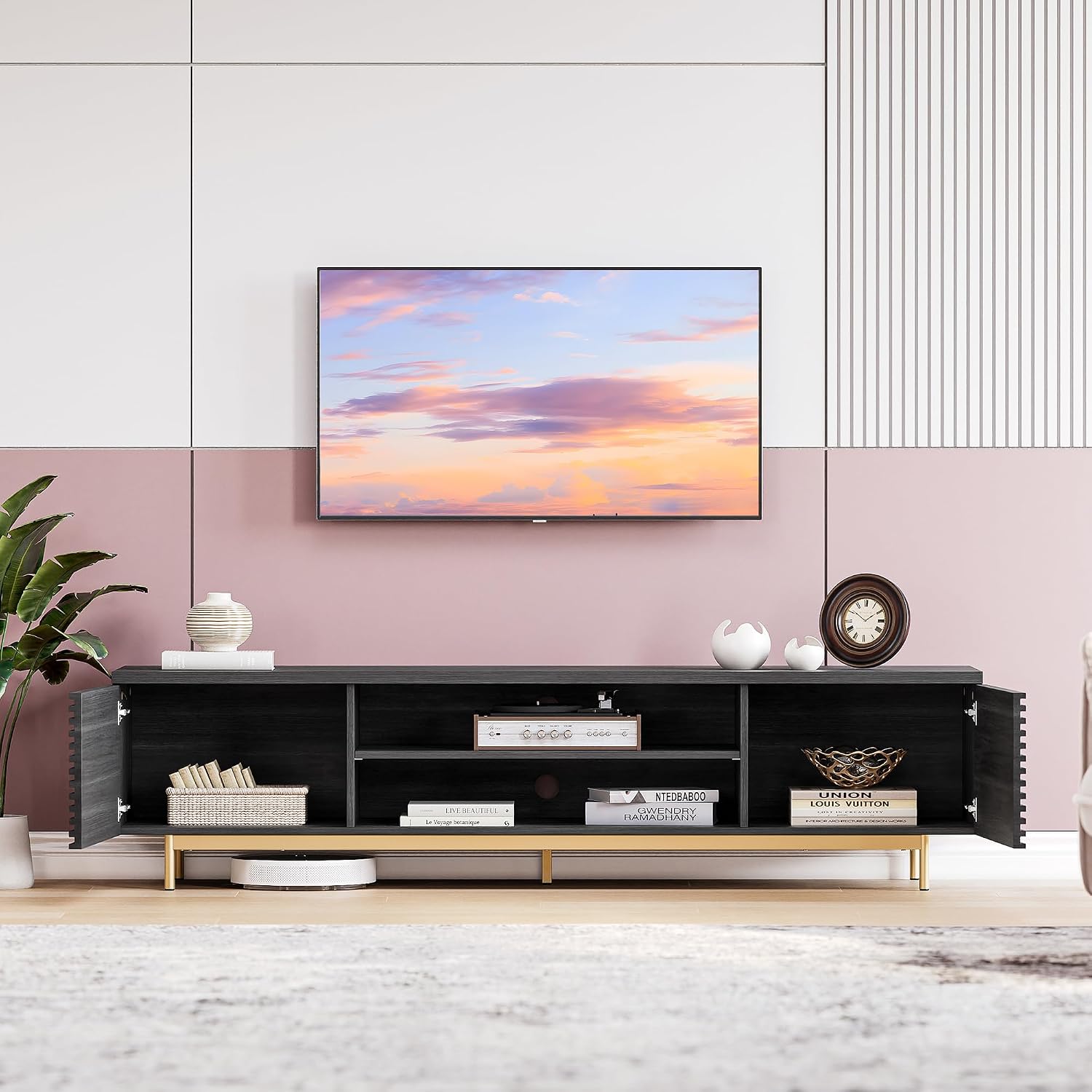 BELLEZE 68' Fluted TV Stand for TV up to 75', Modern Entertainment Center with Storage Cabinet, Slatted Door Decorated Media Console Table, Home Living Room Bedroom Furniture(Ebony)