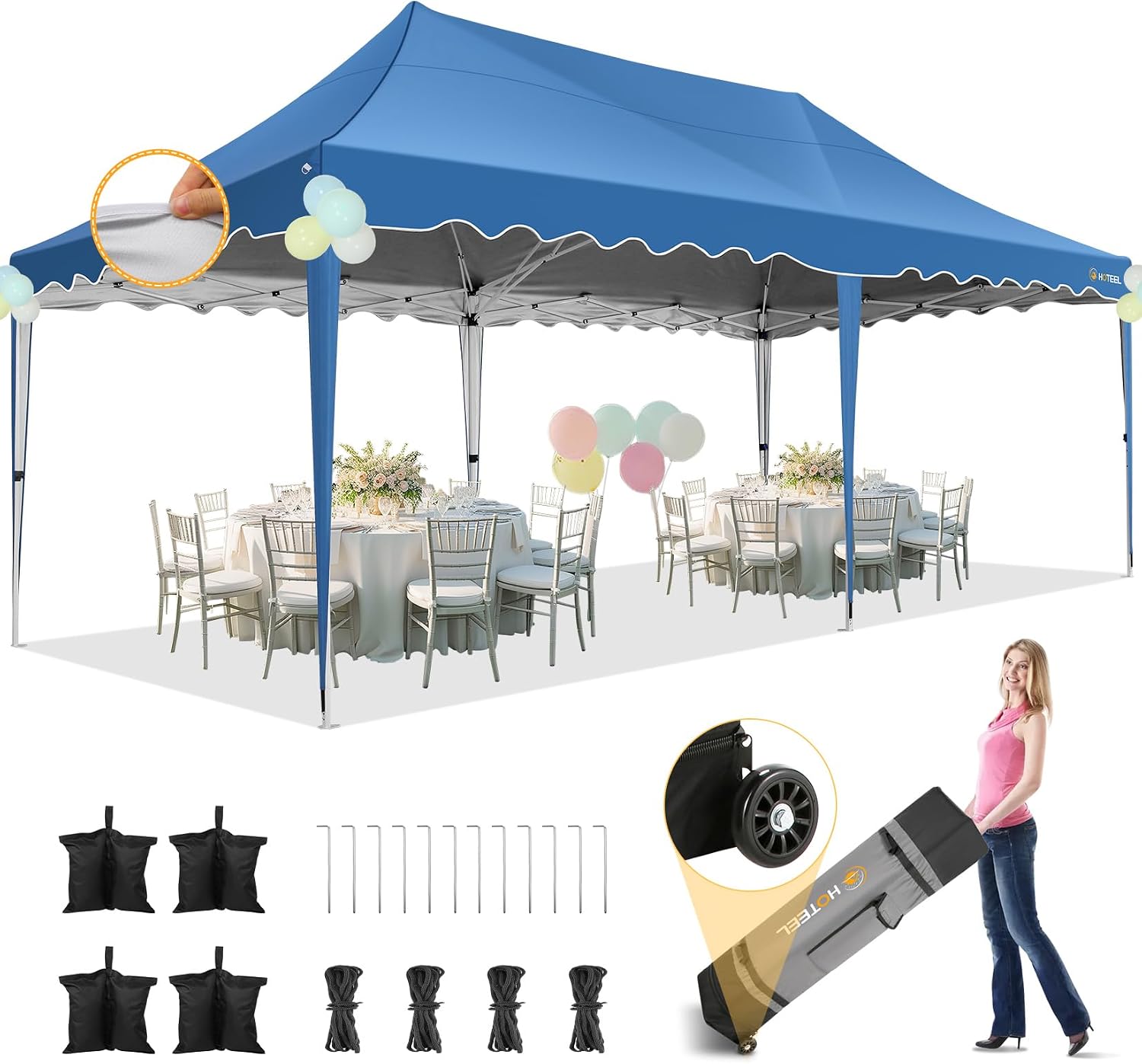 HOTEEL 10×20 Pop Up Canopy, Canopy Tent 10×20 UV 50+ and Waterproof, Thickened Frame, Large Space Easy Tent, Outdoor Canopies for Weddings, Beaches, Parties, Patio (Blue)
