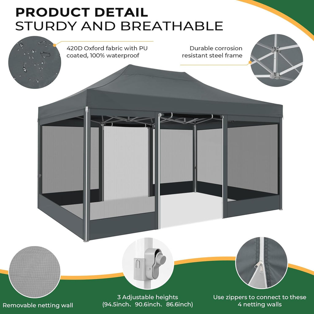 COBIZI 10x15 Heavy Duty Pop Up Canopy with 4 Sidewalls, Commercial Gazebo Party Tent with Mosquito Netting Wall Easy Set Up Outdoor Instant Screen Tent for Backyard, Patio, Garden, Gray