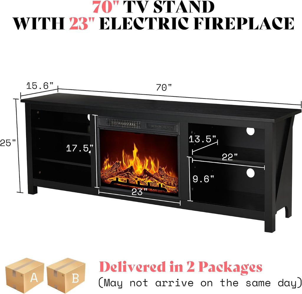 AMERLIFE Fireplace TV Stand, Wood Texture Entertainment Center with 23'' Electric Fireplace, Farmhouse Entertainment Stand Media TV Console for TVs Up to 80'', 70 inches, Black