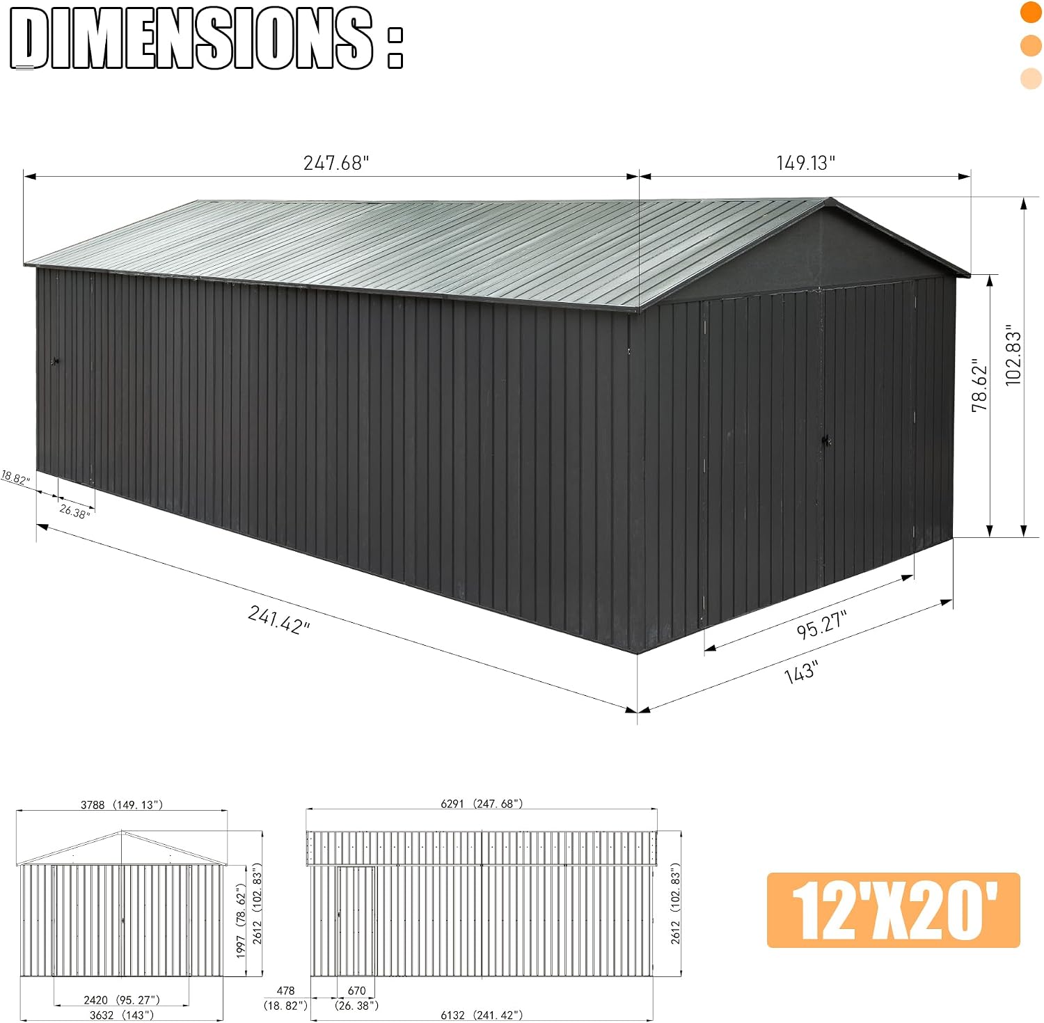Domi 12x20FT Outdoor Metal Garage Shed, Extra Large Metal Carport with Lockable Double Hinged Doors, Heavy Duty Car Shelter for Car, Truck, Motorcycle and Lawn Equipment, Dark Grey