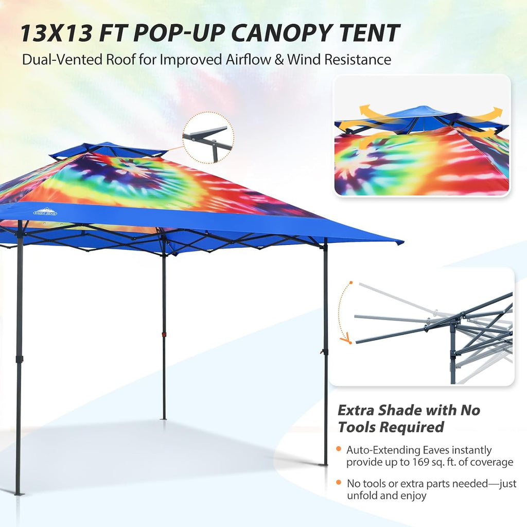 EAGLE PEAK 13x13 Straight Leg Pop Up Canopy Tent Instant Outdoor Canopy Easy Single Person Set up Folding Shelter w/Auto Extending Eaves 169 Square Feet of Shade (Cosmic Tie Dye)