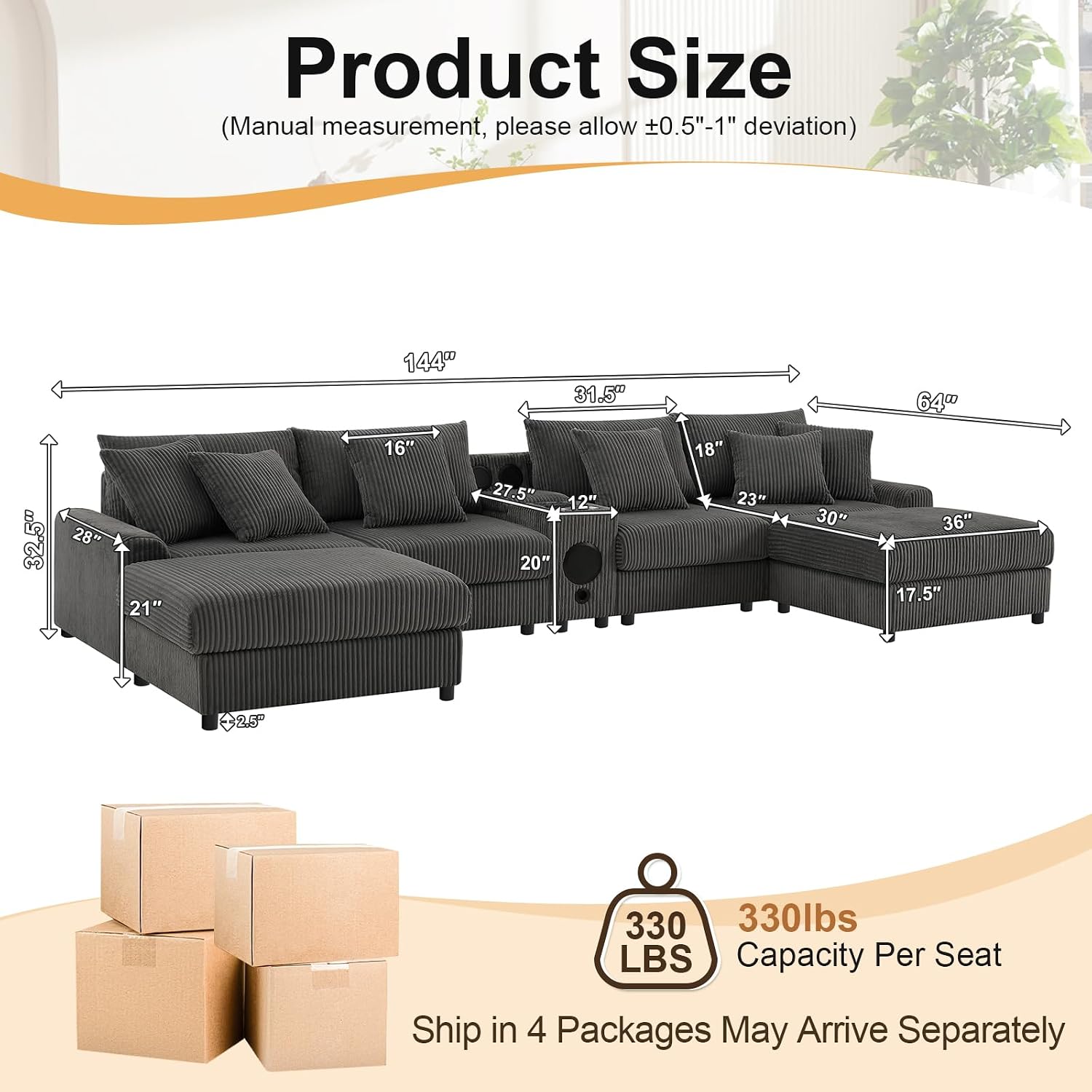 MAKIAAP 144' Corduroy Sectional Couch with Speakers, Comfy U Shaped Modular Couches Deep Seat Sofa with Console, USB Charger, Cup Holders, Storage, Ottoman for Living Room (Gray, 144in)