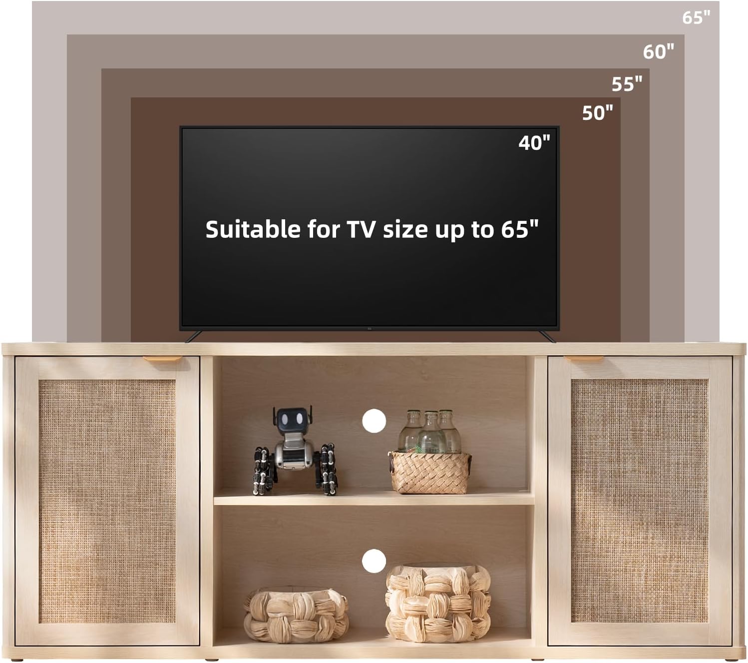 LEYAOYAO Rattan TV Stands for Living Room, Boho TV Cabinet with Storage and Open Shelf, Rustic Wood Entertainment Center, Media Console for 50-65 Inch TV, Light Wood