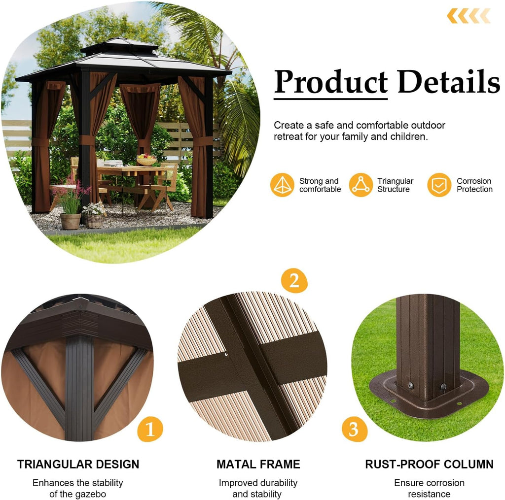 8' x 8' Double Roof Gazebo with Polycarbonate Panels – Sturdy Aluminum Frame, Outdoor Pavilion with Curtains for Patio, Garden & Backyard