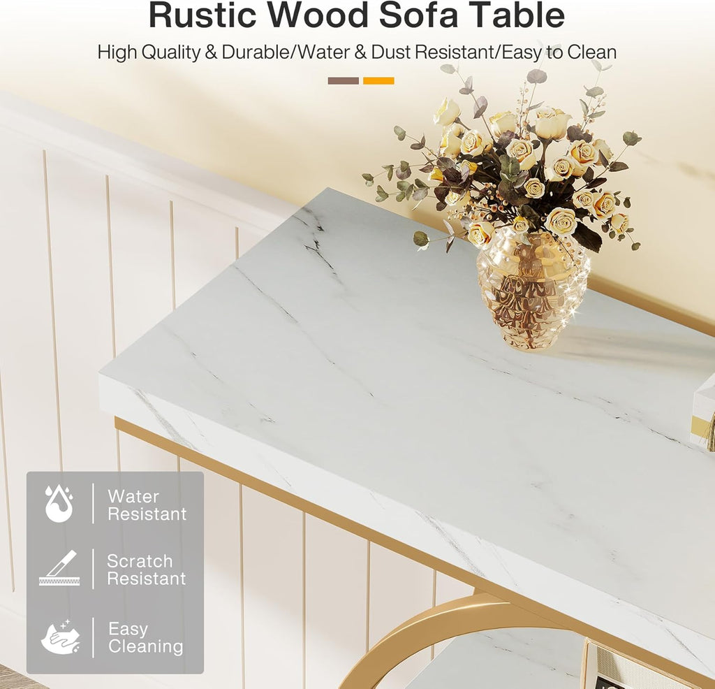 Tribesigns 41.3' Console Table, Industrial 4-Tier Sofa Entryway Table with Circle Base, Narrow Wood Accent Tables with Storage Shelves for Living Room, Hallway, Foyer, White Gold