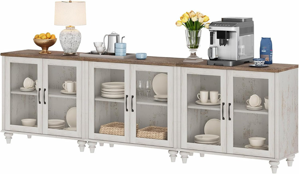 WAMPAT Farmhouse TV Stand for 100 Inch TV, Glass Wooden Universal TV Stand with 3 Storage Cabinets, Entertainment Center for 75/80/85/90 Inch TV, Console Table for Living Room, Bedroom, Rustic White