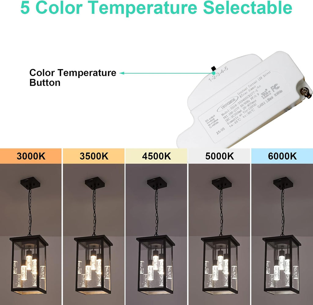 Yaohong 17' Large 5CCT LED Outdoor Pendant Light, 3-Lights Modern Oil Rubbed Bronze Hanging Ceiling Fixture with Acrylic Column & Clear Glass, Weatherproof Chandelier for Porch Gazebo Patio Entryway