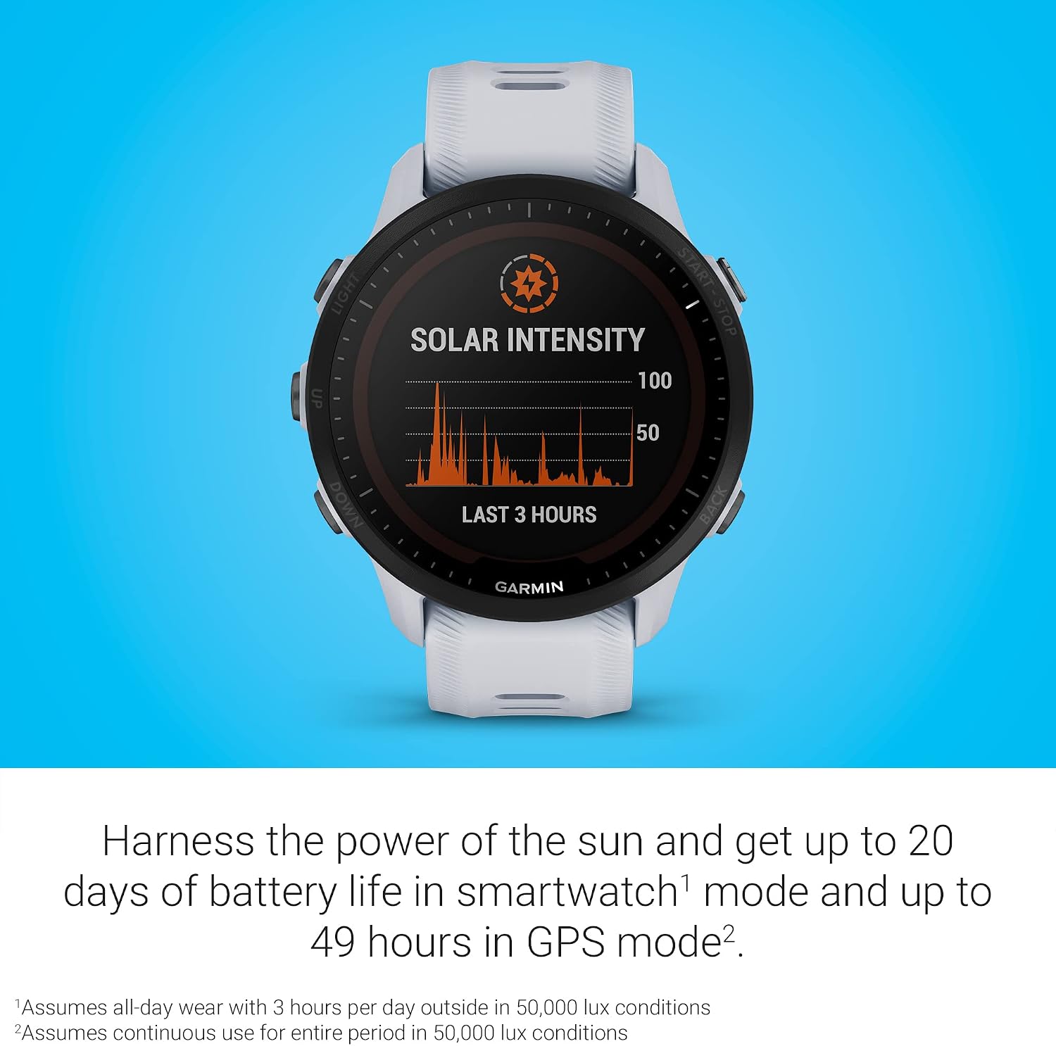 Garmin Forerunner® 955 Solar, GPS Running Smartwatch with Solar Charging Capabilities, Tailored to Triathletes, Long-Lasting Battery, Whitestone