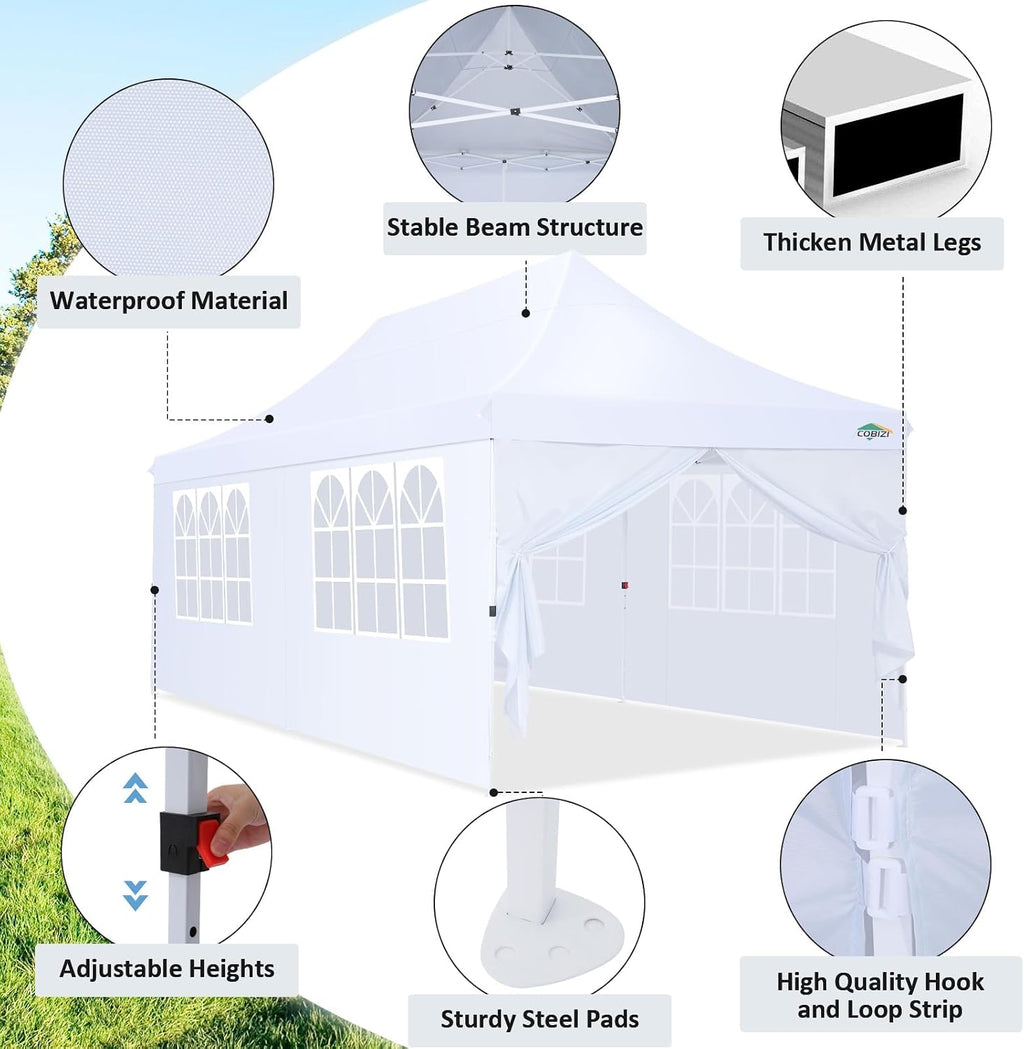COBIZI 10x20 Pop Up Canopy with 6 Sidewalls, Conical Party Tent 10x20 with 3 Adjustable Height Waterproof, UV-Resistant with Carry Bag, Sandbag, Stake, Tents for Parties, Commercial (Frame Upgraded)