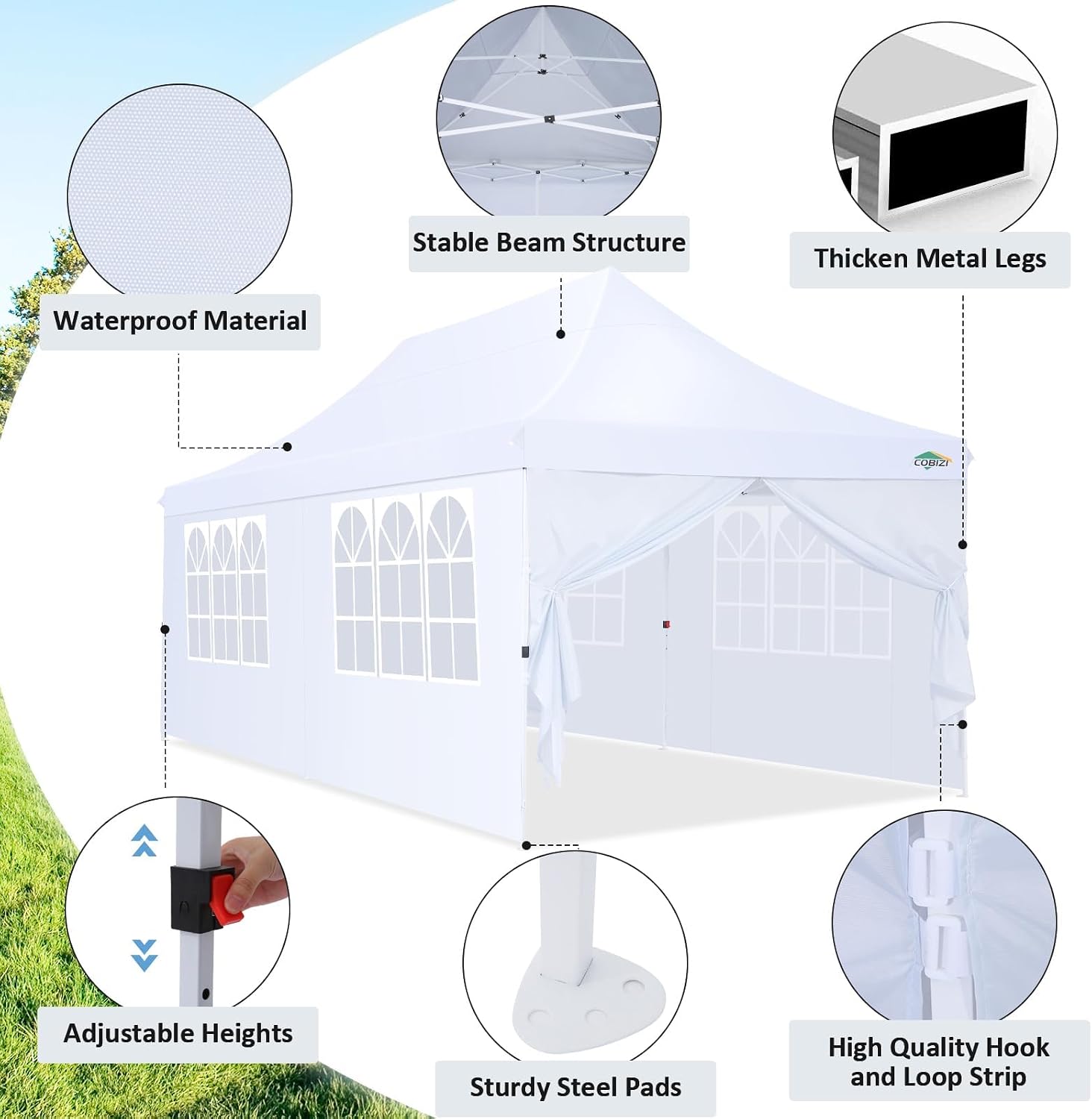 COBIZI 10x20 Pop Up Canopy with 6 Sidewalls, Conical Party Tent 10x20 with 3 Adjustable Height Waterproof, UV-Resistant with Carry Bag, Sandbag, Stake, Tents for Parties, Commercial (Frame Upgraded)