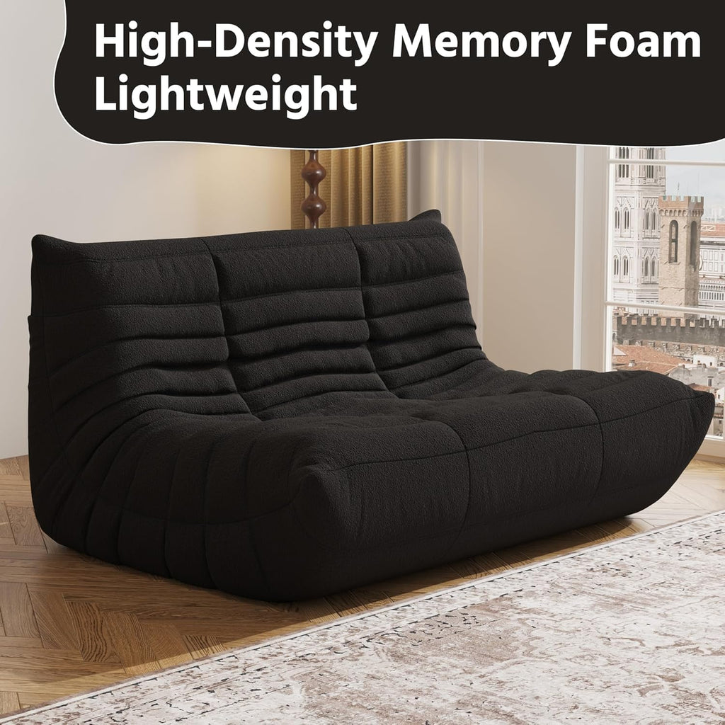Giant Loveseat Boneless Bean Bag Chair for Adults - Teddy Fleece Fireside Accent Chair with Memory Foam, Comfy Lazy Floor Sofa Couch Chaise Lounge for Living Room Bedroom Theater, 2 Seater, Black