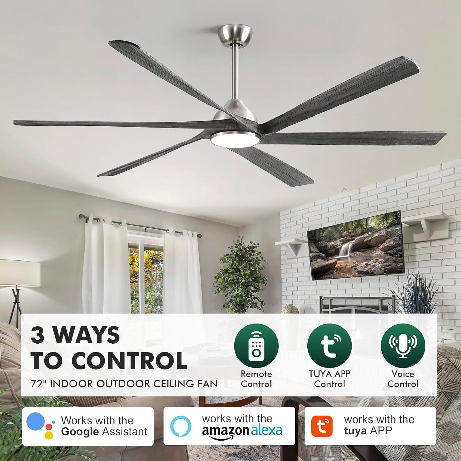 72 Inch Outdoor Smart Ceiling Fan with Light, Alexa App Remote Control, 6 Solid Wood Propeller Blade, High CFM Quiet Reversible DC Motor, Modern Farmhouse for Indoor Living Room Exterior Patio