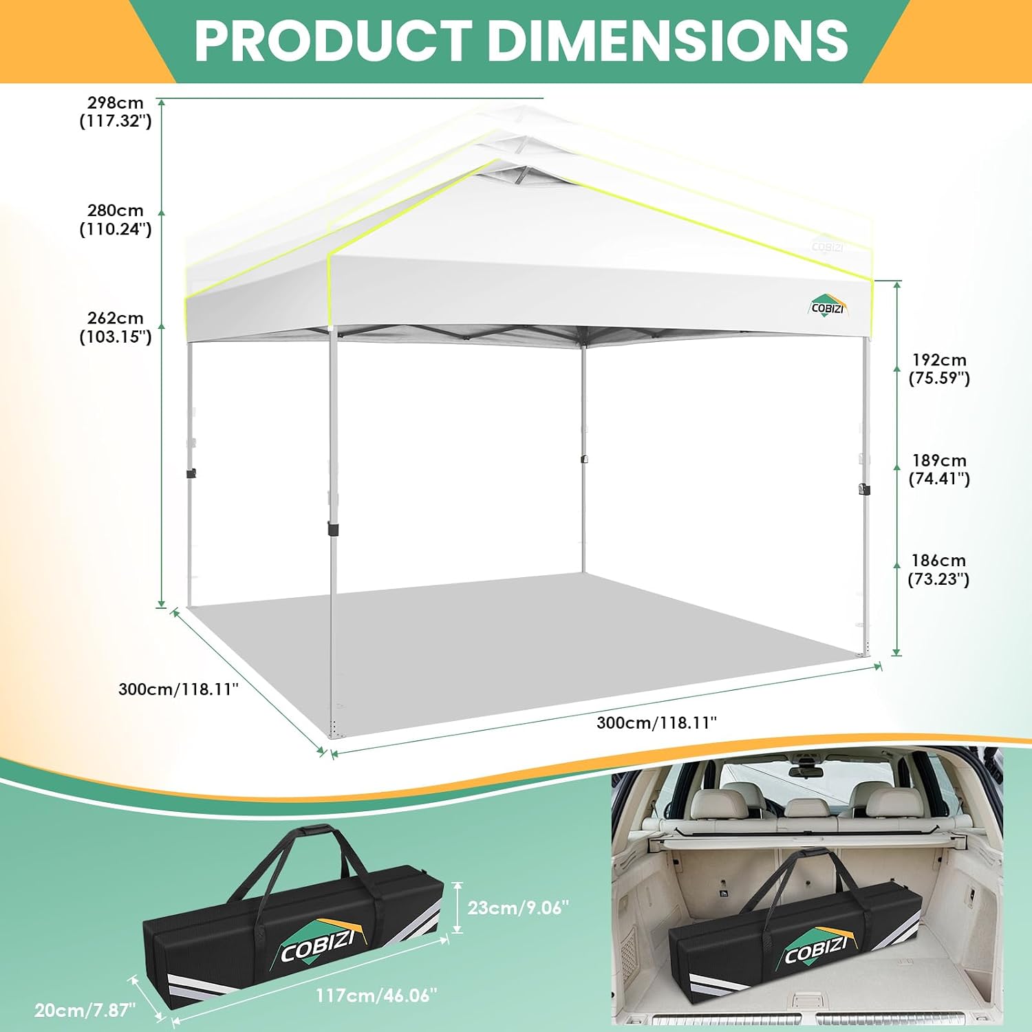 COBIZI 10x10 Pop Up Canopy Tent, Outdoor Party Tent Without Sidewall One Push Setup Glow, 3 Adjustable Height Air Vent Waterproof UPF50+, Bag, 4 Sandbag, 8 Stake, 4 Rope for Beach, Commercial