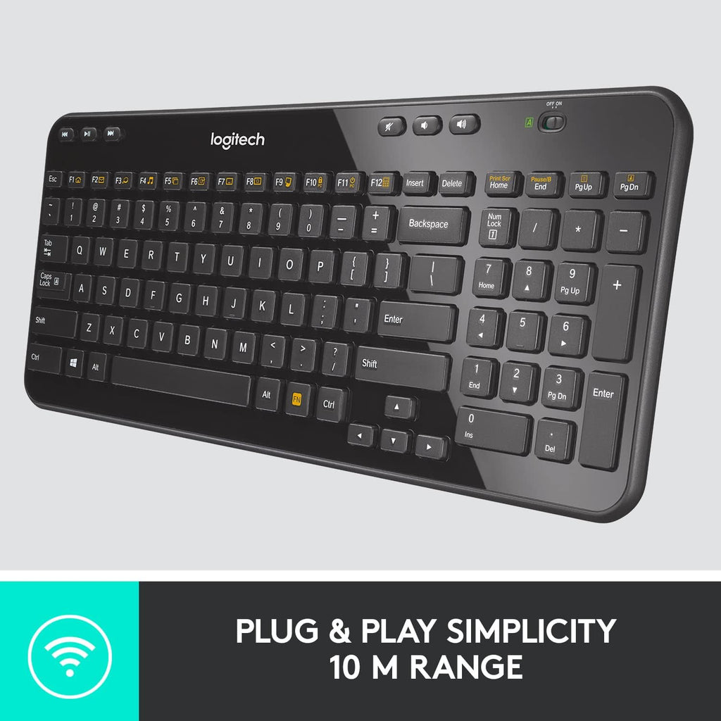 Logitech K360 Wireless USB Desktop Keyboard — Compact Full Keyboard, 3-Year Battery Life (Glossy Black)