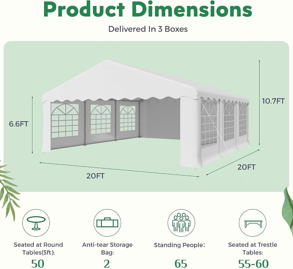 EROMMY 20X20FT Party Tent, White Outdoor Wedding Canopy with Removable Sidewalls and Church Windows, Heavy Duty Pavilion Shelter for Events, Celebrations, and Gatherings