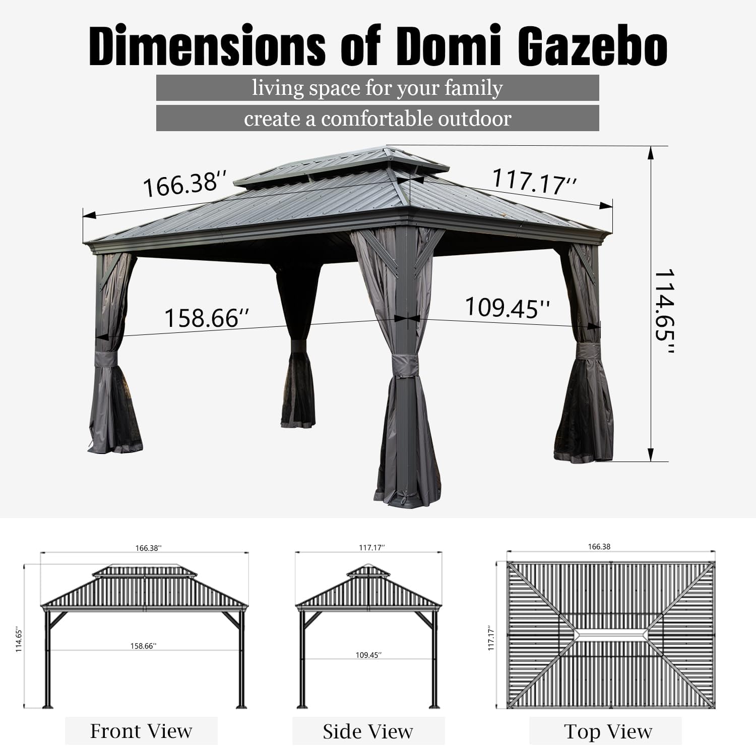 Domi Hardtop Gazebo 10x14FT, Outdoor Gazebo with Galvanized Steel Double Roof, Metal with Drainage System, Detachable Curtain and Netting, Metal Pavilion for Patio Deck Garden, Gray
