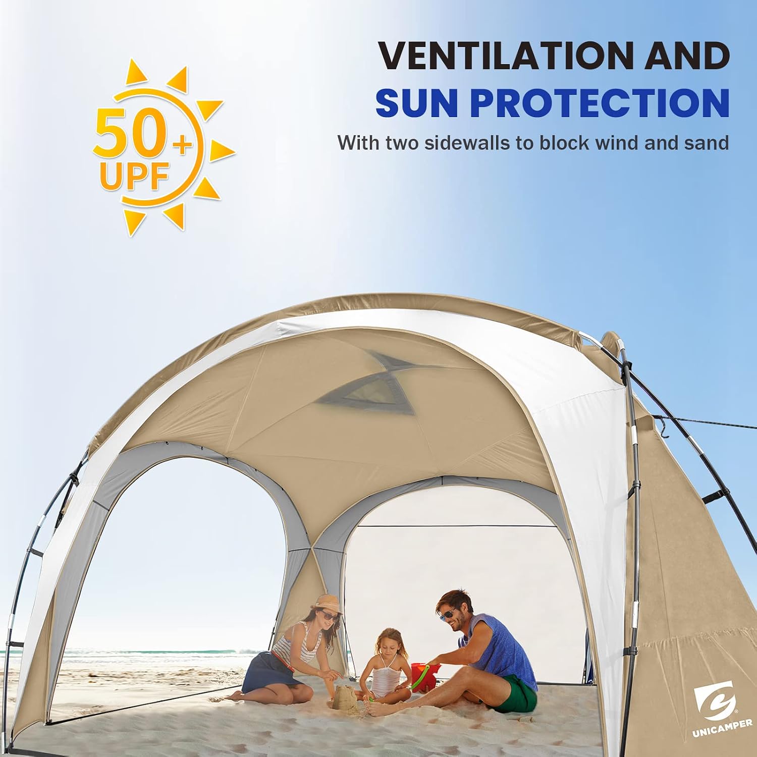 UNICAMPER Beach Tent 12 X 12ft Large UPF50+ Pop Up Canopy with 2-Pcs Side Wall