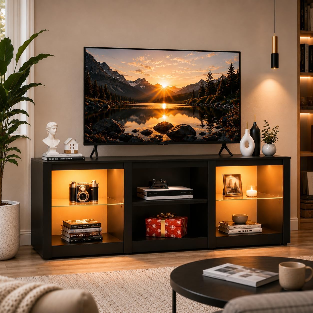 WLIVE TV Stand for 55/65/75 Inch TV, Modern Entertainment Center with LED Lights & Adjustable Glass Shelves, Sturdy Media Console for Living Room, Bedroom,Gaming (Black)