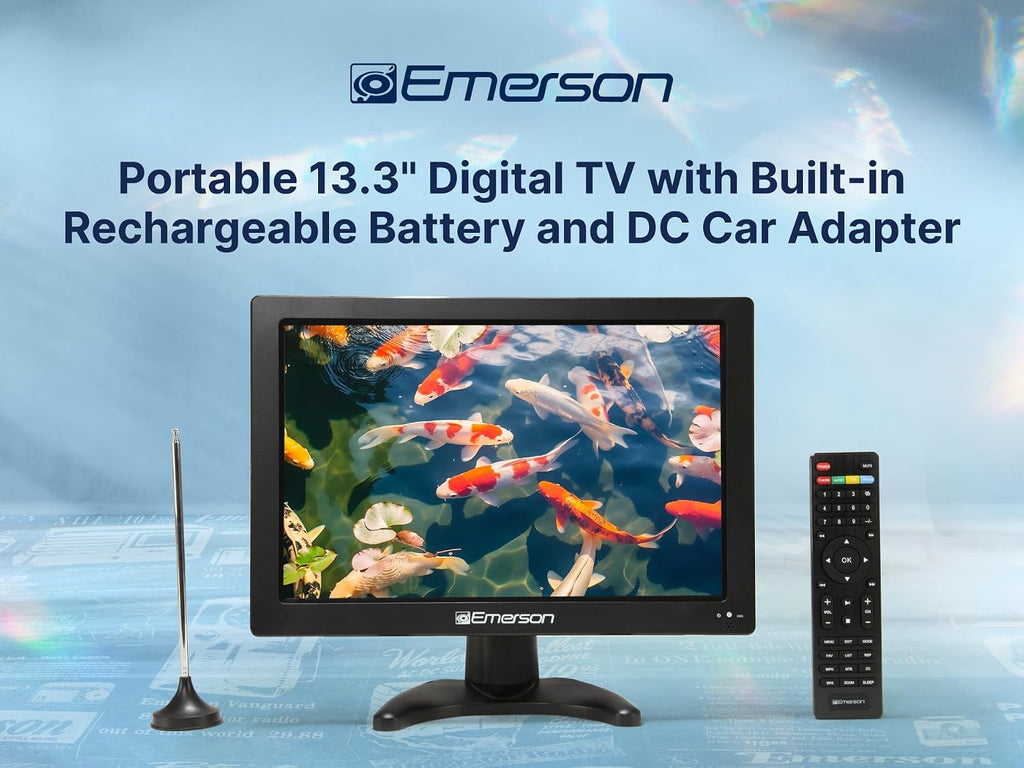 Emerson ET-1300 13.3' Portable Digital TV with Built-in Rechargeable Battery, DC Car Adapter, HDMI, USB, and AV Inputs, Crystal-Clear HD Display, Compact for Travel, Tailgating, and Camping