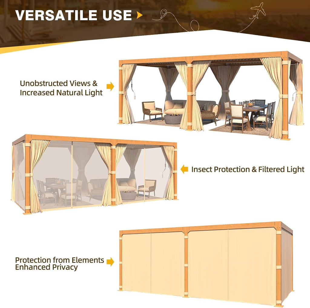 MELLCOM Louvered Pergola - 10x20, Aluminum with Adjustable Roof, Wood Grain with Waterproof Curtains and Nets