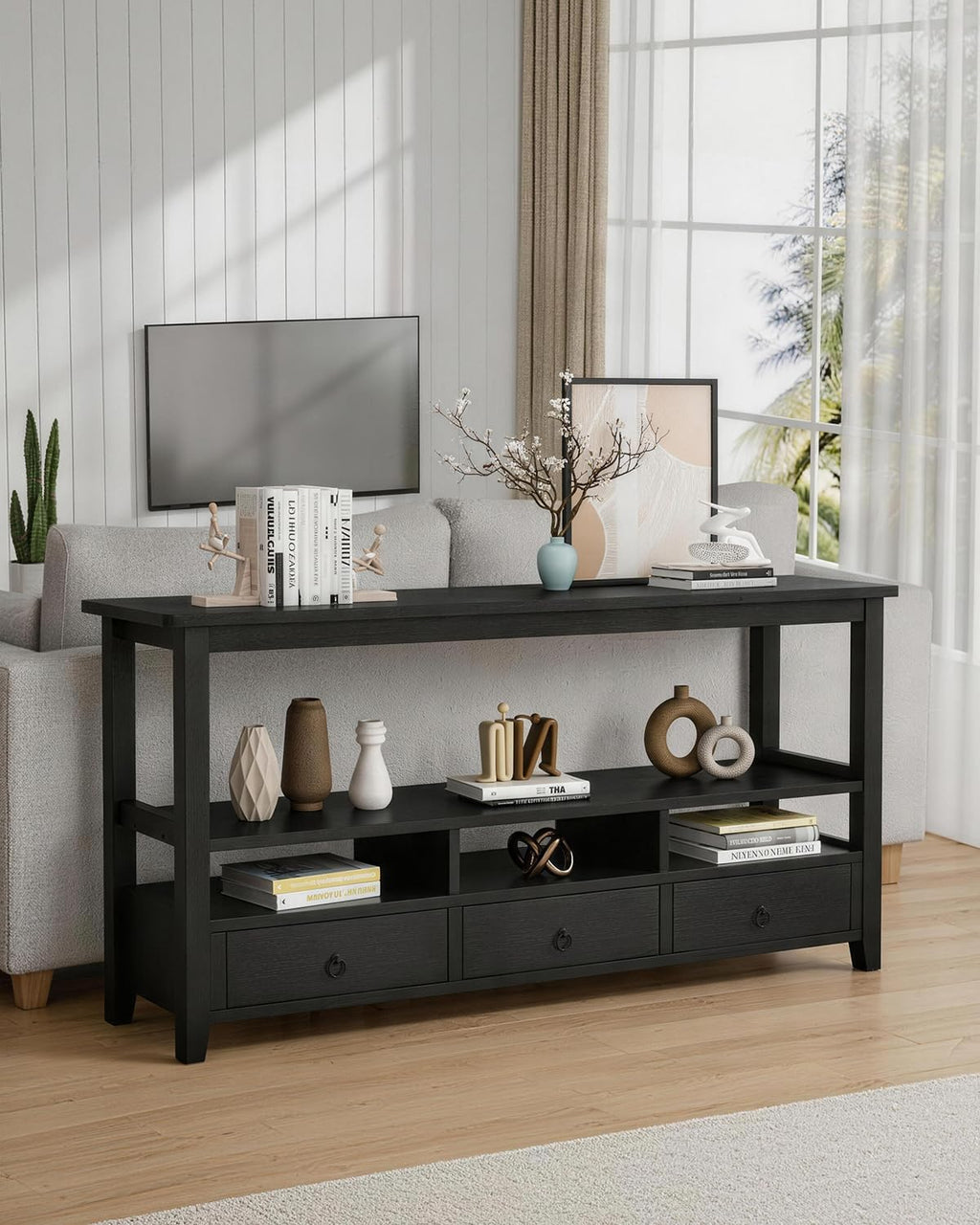 Karl home Console Table with 3 Bottom Drawers, 57.9' W Sofa Side Table Entryway Desk with 3 Storage Cubbies 1 Open Shelf, Vintage TV Stand for Hallway Living Room Office, Black 29.9' H