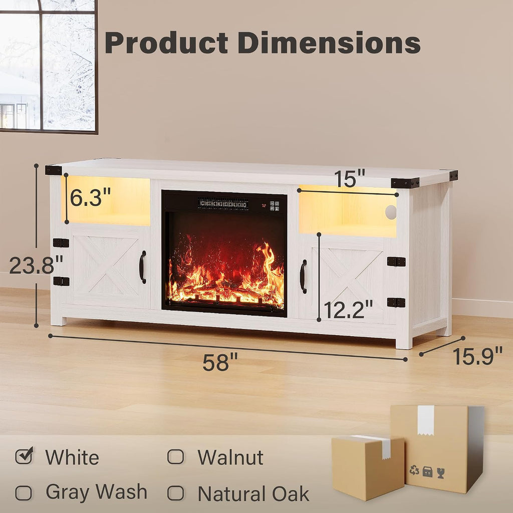YESHOMY LED Fireplace TV Stand with Mood Lighting, TV Cabinet with Open Shelf, Farmhouse Media Console with Hidden Cable Routing, Entertainment Center for Televisions up to 65+ Inch, White