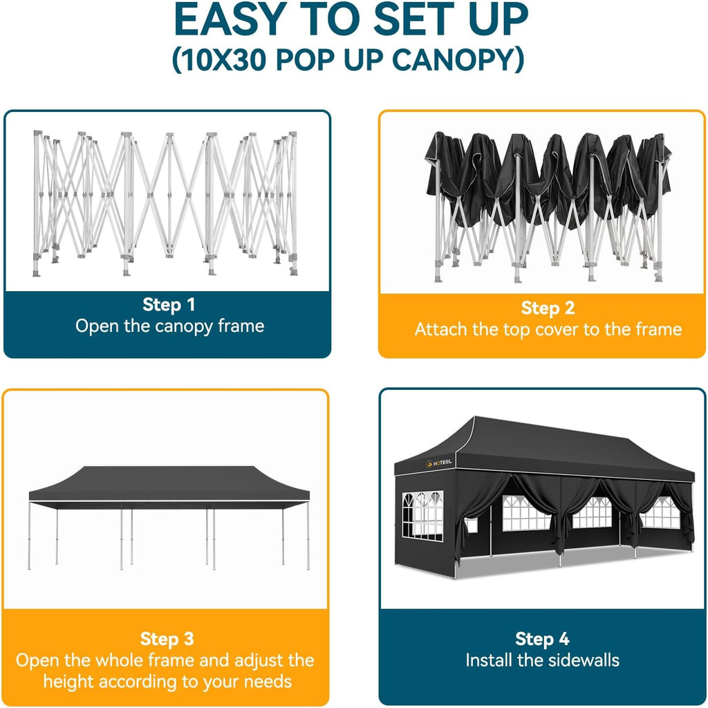 Hoteel 10x30 Pop Up Canopy Tent Heavy Duty with 8 Sidewalls, Waterproof Party Tent, Easy Set-up Commercial Instant Tents with Hand Bag, Rope & Nail, Hexagonal Leg, Black (1-Year Warranty)
