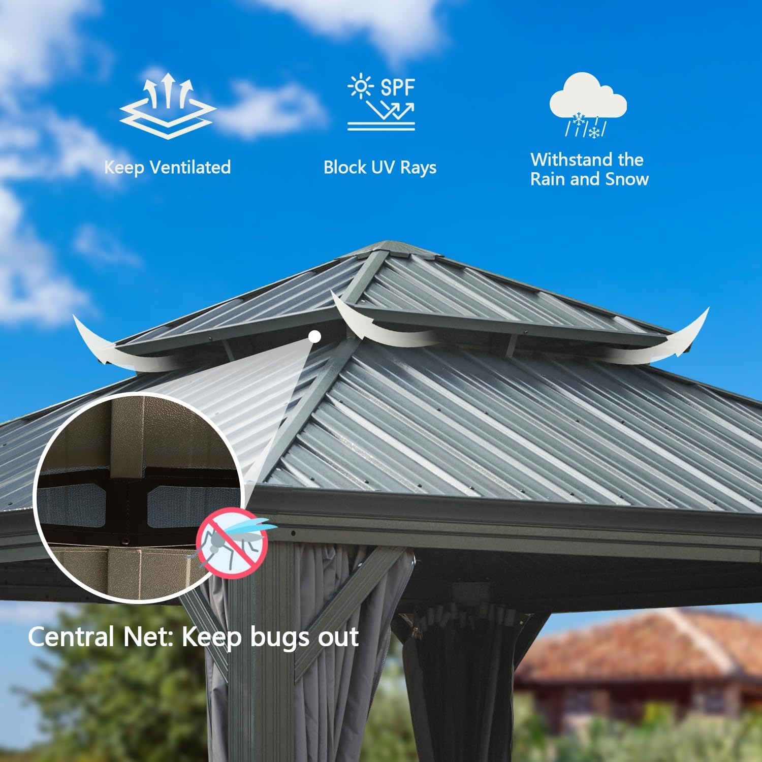 Domi Hardtop Gazebo 12x12FT, Outdoor Gazebo with Galvanized Steel Double Roof, Aluminum Frame, Built-in Gutter System, Curtain and Netting, Metal Gazebo Pavilion for Patio Deck Garden, Grey