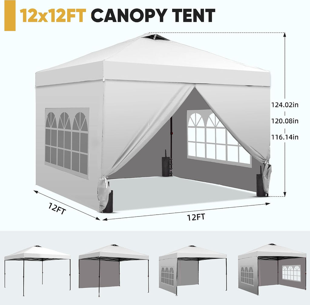 GDY 12x12 Pop Up Canopy Tent with 4 Sidewalls, Easy Set up with One Push Lift Gazebo with Wheel Bag and4 Sandbags,Carpas for Events, Parties,Camping, White.