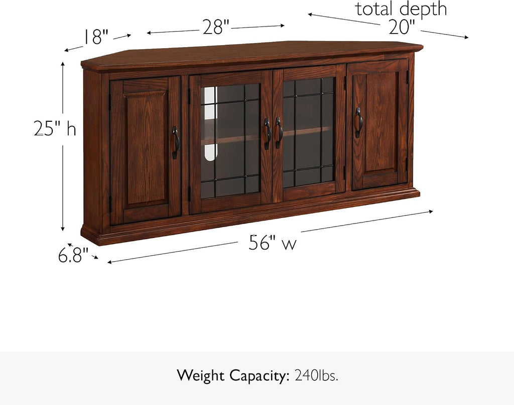 Leick Home Riley Corner TV Stand 60 in, Burnished Oak, Solid Wood, Beveled Tempered Glass, Blackened Hardware, Adjustable Shelf, Easy Assembly, 56 in L x 20 in W x 25 in H, Item 80386