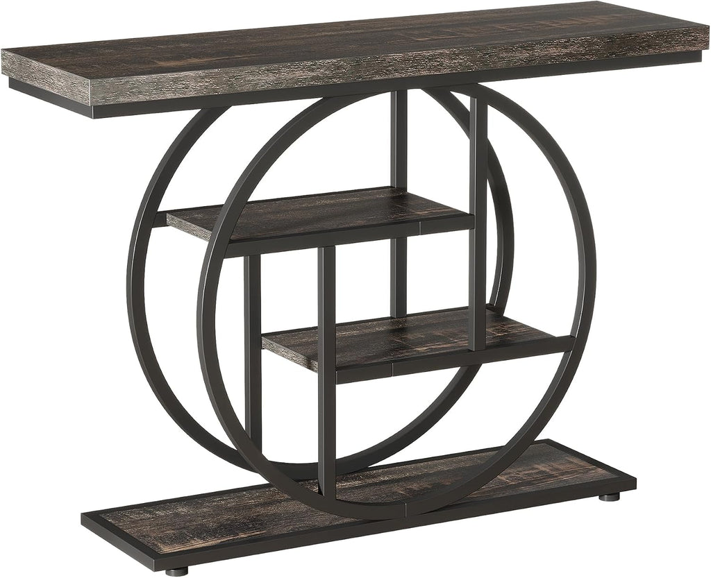Tribesigns 41.3' Console Table, Industrial 4-Tier Sofa Table Entryway Table with Circle Base, Narrow Wood Accent Tables with Storage Shelves for Living Room, Hallway, Foyer, Charcoal Black