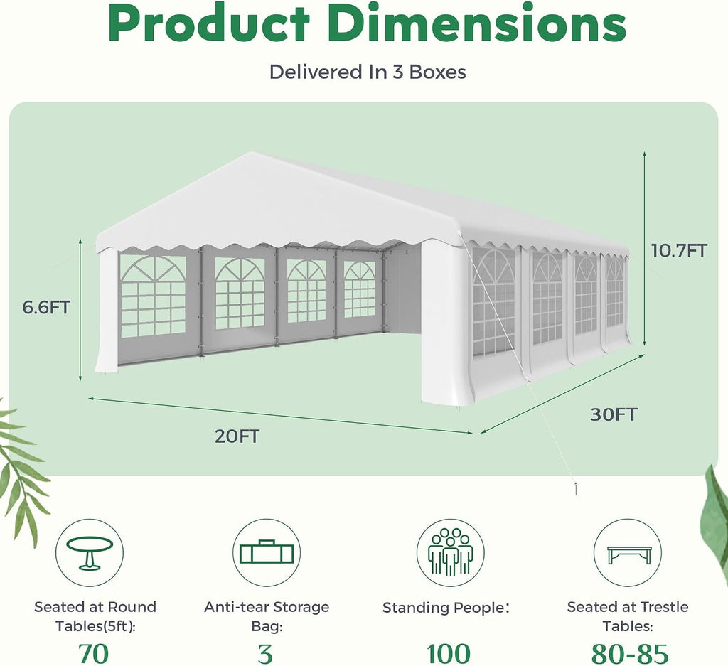 EROMMY 20X30FT Party Tent, White Outdoor Wedding Canopy with Removable Sidewalls and Church Windows, Heavy Duty Pavilion Shelter for Events, Celebrations, and Gatherings