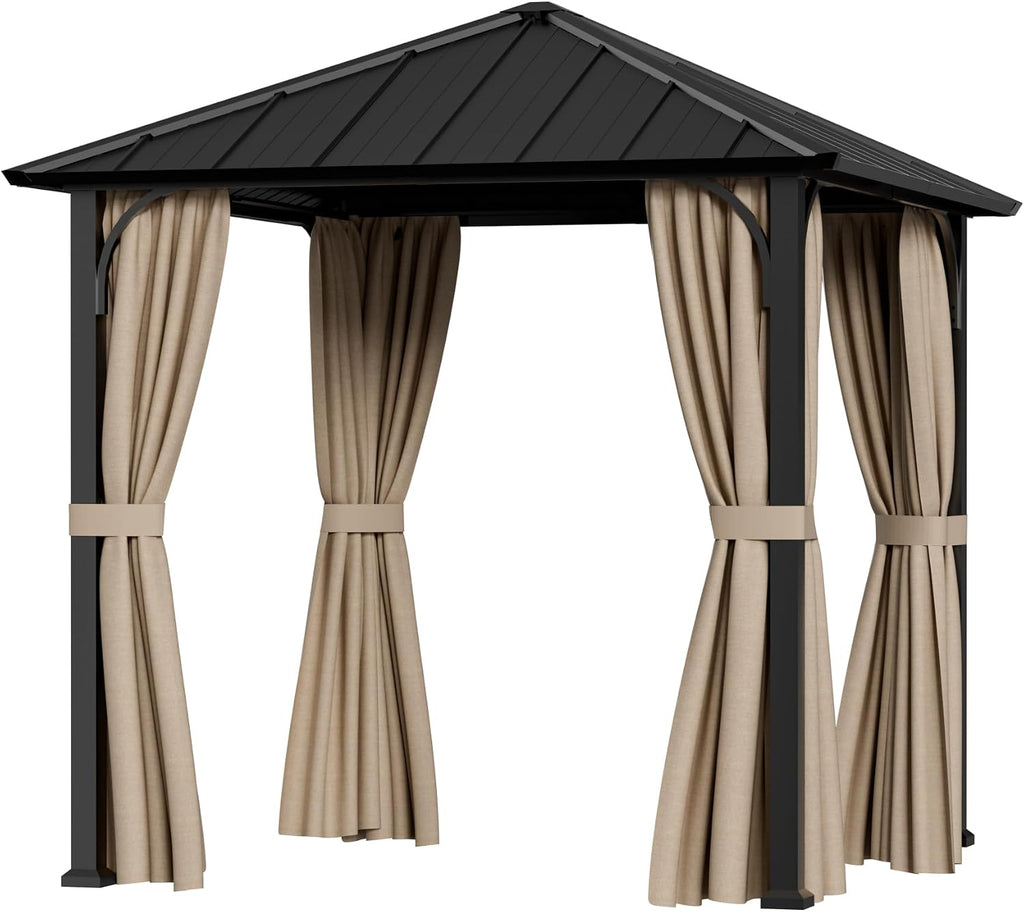 Modern Shade Hardtop Gazebo 8'x8' with Galvanized Steel Roof and Curtains, Garden Heavy Duty Outdoor Canopy Shelter, All-Weather Permanent Metal Gazebo Outdoor Pavilion for Backyard, Deck