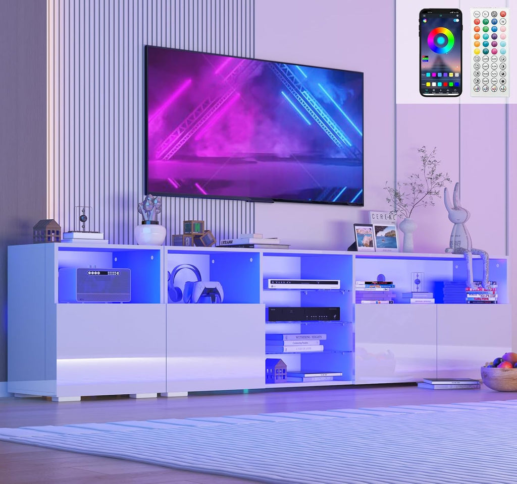 jiteentarou 79IN LED TV Stand for 75/80/85inch TV,High Glossy Modern TV Stand for Living Room,TV Entertainment Center with Adjustable Storage Shelf,RGB LED Lighting,TV Console(White)